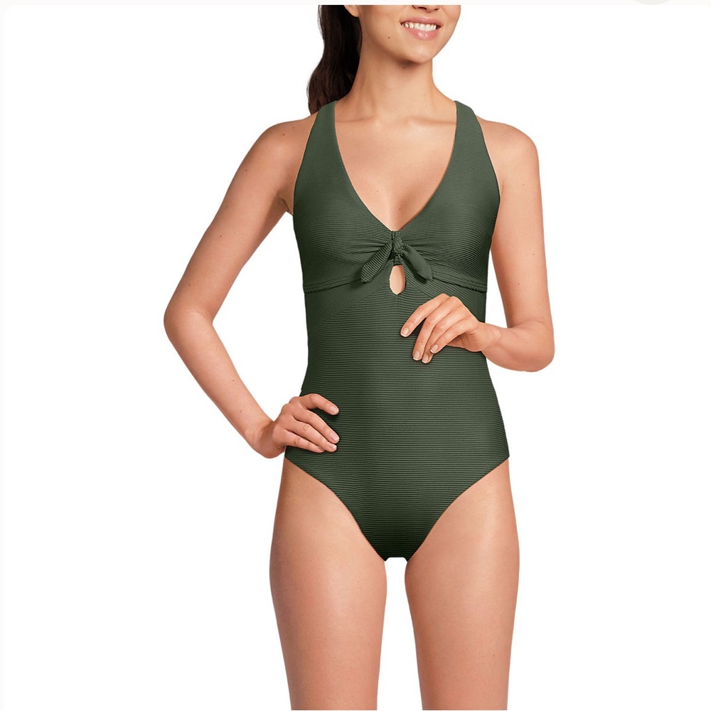 Lands end Ribbed Knot Front One Piece Swimsuit Olive Green - Picture 5 of 6